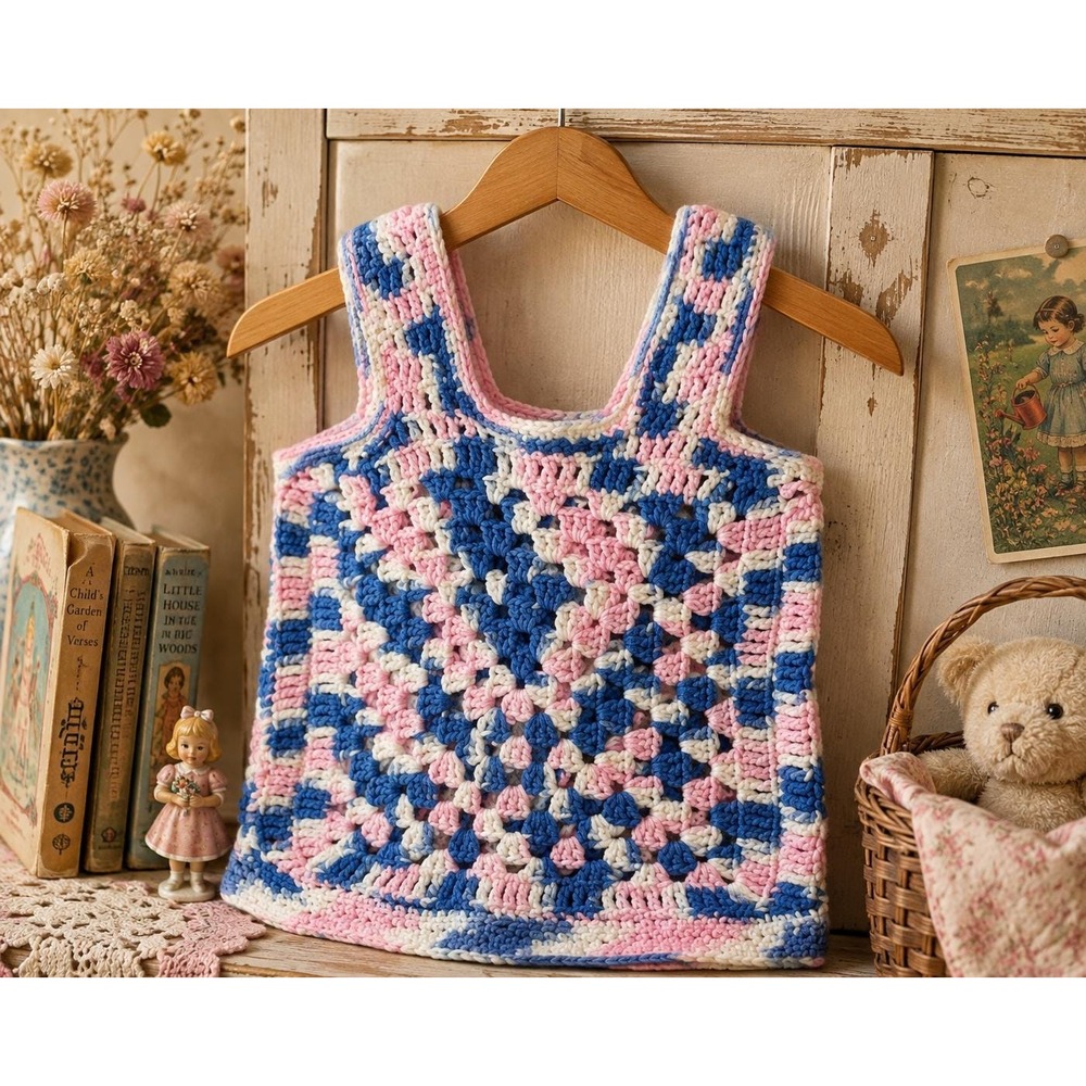 Vintage 1970s Crochet Granny Square Child's Vest Pink Blue Handmade Boho Kids